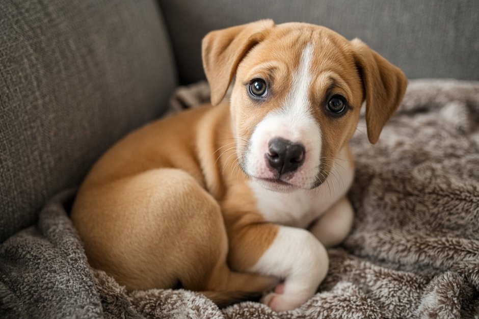 Bully-breed puppy on a couch
