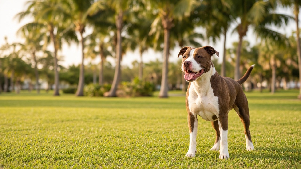 Hopeful chocolate-and-white bully-breed rescue dog standing in a sunny grassy field