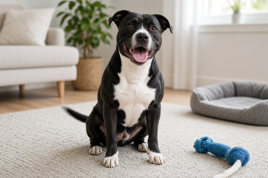 Bully-breed dog in a foster home