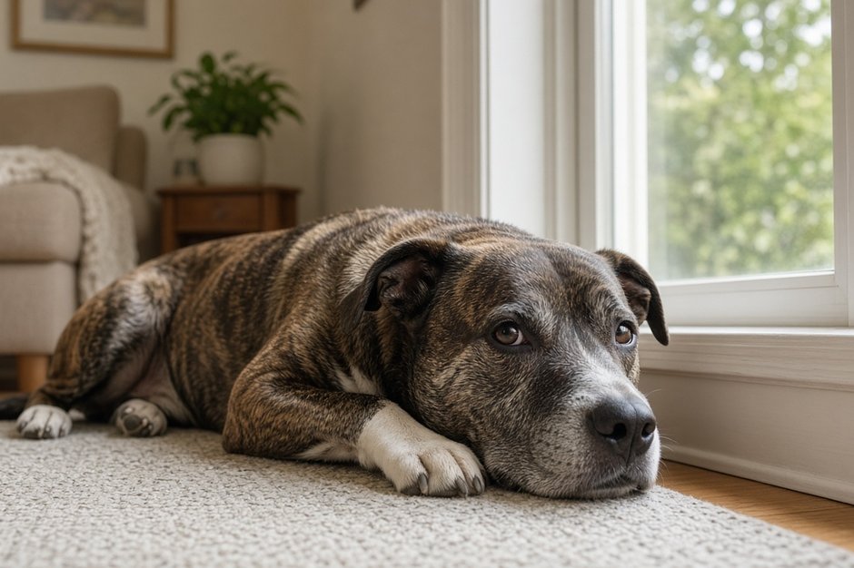 Calm bully-breed rescue dog resting by a sunny window in a foster home