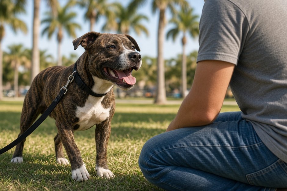 Brindle pitbull mix in a park