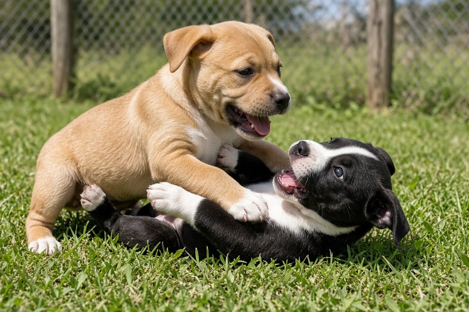 Two happy bully-breed puppies sitting together in sunny grass
