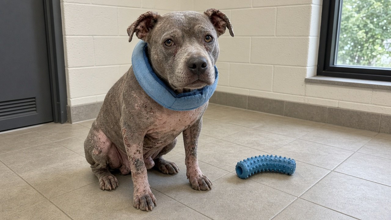 Illustrative photo: blue-grey pit bull mix with patchy hair loss wearing a soft recovery collar