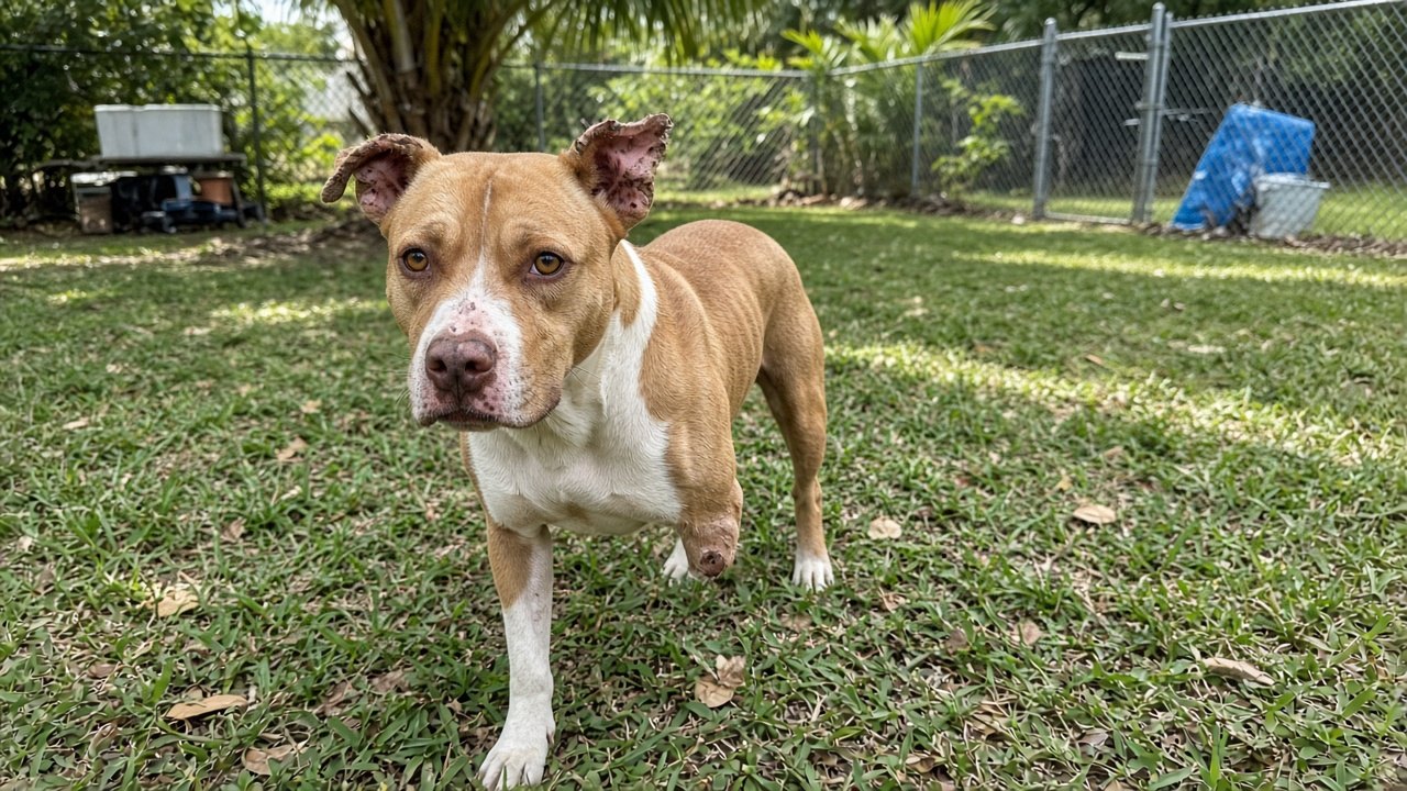 Illustrative photo: three-legged tan and white pit bull mix with a scarred face standing in a fenced yard