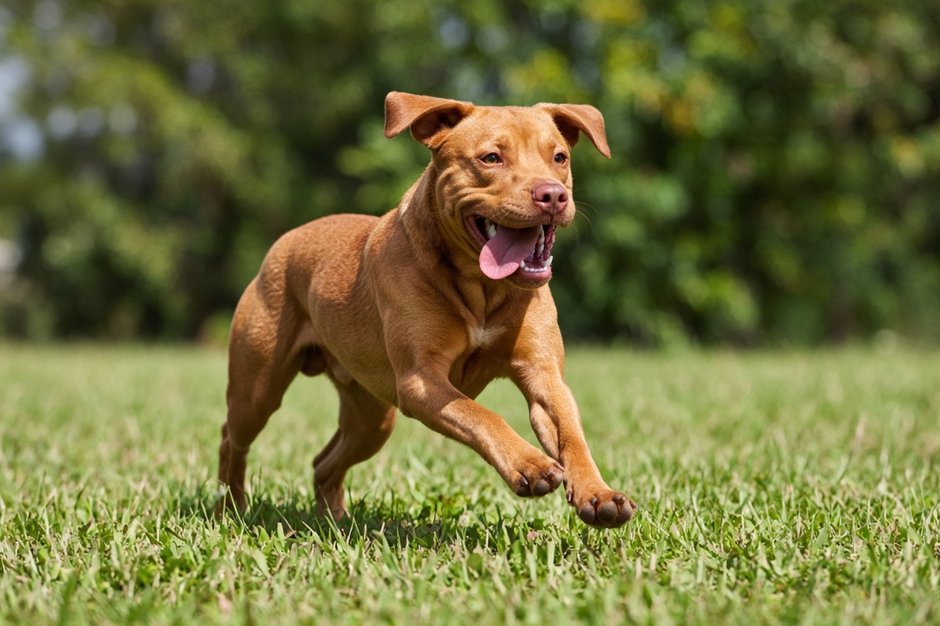 Joyful bully-breed dog running through a sunny yard